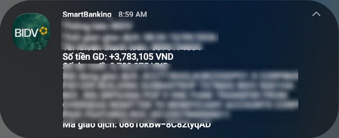 BIDV SmartBanking notification showing a received transaction of +3,783,105 VND at 8:59 AM, with some text blurred and reversed.