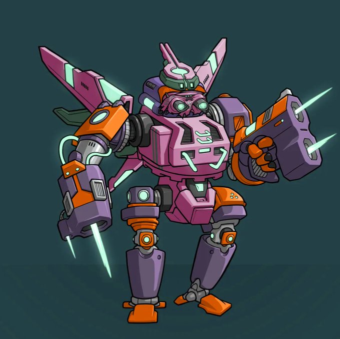 A pink, purple, and orange mecha robot character standing in a powerful pose with large weapon arms, rendered in a stylized cartoon illustration.