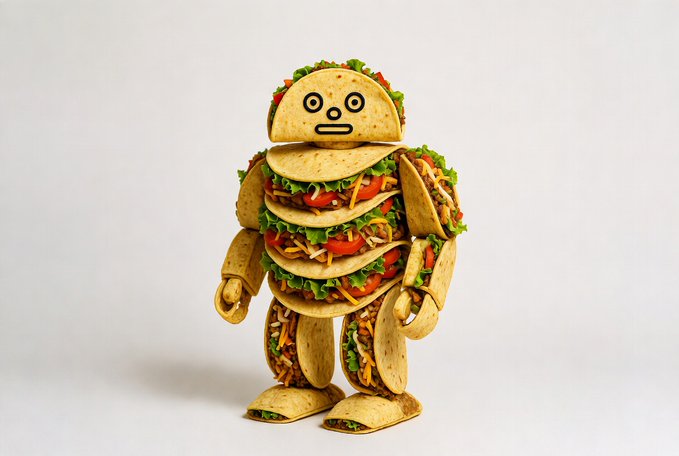 A 3D illustration of a quirky robot character constructed entirely from taco ingredients including shells, lettuce, tomatoes, and cheese on a white background.