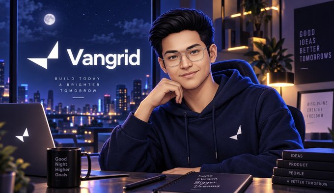 A stylized digital illustration shows a young man with glasses wearing a dark hoodie, sitting at a desk with a laptop and coffee mug against a nighttime city backdrop. The image features the logo 'Vangrid' with the tagline 'BUILD TODAY A BRIGHTER TOMORROW', alongside motivational text like 'GOOD IDEAS BETTER TOMORROWS' and 'DISCIPLINE CREATES FREEDOM'.