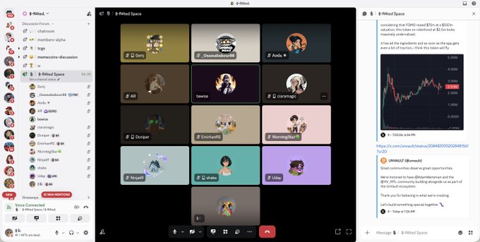 A Discord call titled "B-R4ted Space" shows a grid of 15 participants (including Dany, OsamaBinBiden, Andy, AR, levisa, coranngo, Danger, Emi4u09, MorningStar, Ninjaf1, nobi, and Uday) alongside a chat discussing the FORD record $3.5B loss valuation decline vs Bitcoin at $82m loss, displaying a price chart and mentioning UNIMIG | @ImrulQ. The image directly illustrates the post by showing the �-R4ted community gathered in a live voice conversation.