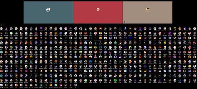 A grid displaying hundreds of small circular icons, likely NFT or character avatars, with three larger preview images at the top showing characters on teal, red, and brown backgrounds.