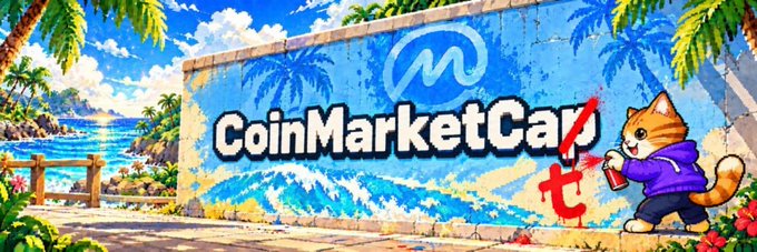 A colorful pixel-art banner displays "CoinMarketCap" prominently on a beach-themed mural, accompanied by a cat mascot in a purple hoodie spray-painting a red Bitcoin logo. The tropical scene ties into the community addition of the $CMC banner image on Moby, fitting the crypto-themed coastal artwork.