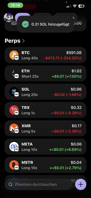 The image shows a phone screen displaying various cryptocurrency trading options, including Bitcoin, Ether, and Litecoin. The screen also has a message that says "Perps" and "Long 40x", which could be related to the trading options or some other information on the device.
