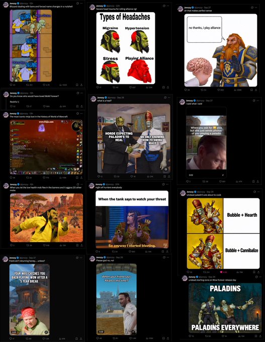 A screenshot of a social media profile page showing multiple posts by user "Jonzzy" about World of Warcraft (WoW), featuring meme content about orc characters, including references to "Types of Headaches," "Paladins," and gameplay screenshots. The image supports the caption's claim that Jonzzy has been receiving unusually high engagement on WoW-related posts, displaying metrics like 23.3K, 23.4K, 16.9K, and 15.9K likes across various meme posts.