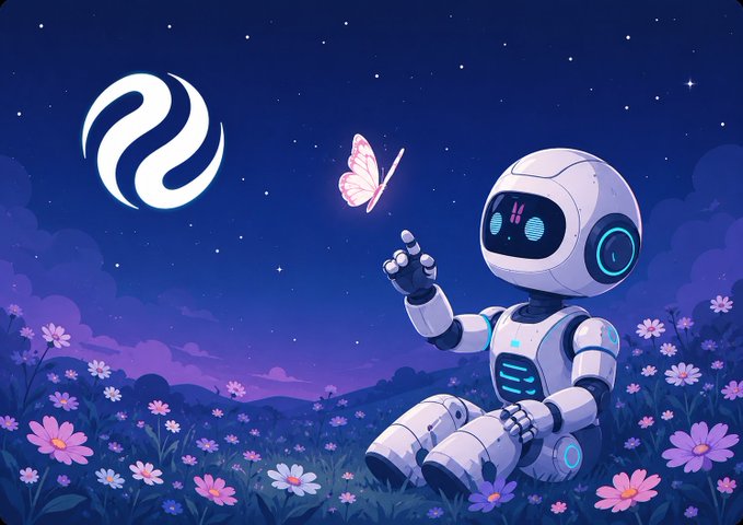 An illustration of a white robot sitting in a field of flowers at night, reaching toward a glowing pink butterfly under a starry sky and a crescent moon.