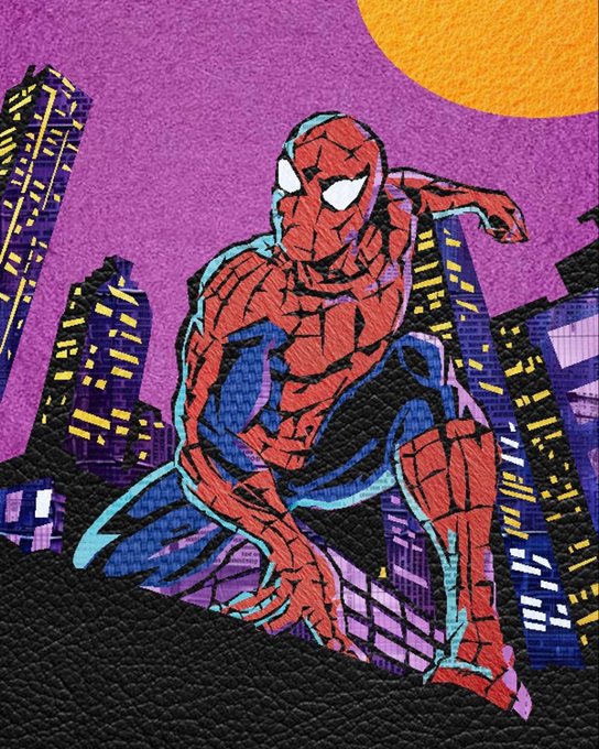Stylized artwork of Spider-Man in a crouching pose against a purple sky with city buildings and a yellow sun/moon.