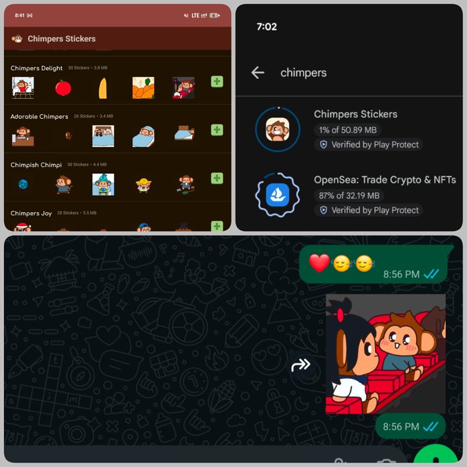 A collage of mobile screenshots showing the 'Chimpers Stickers' app (sticker packs like Chimpers Delight and Adorable Chimpers), its Google Play Protect verification, and a WhatsApp chat at 8:56 PM sharing a Chimpers sticker.