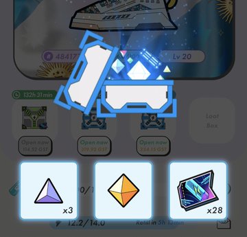 The image shows a STEPN loot box opening screen at Lv. 20, where the player received 3 gems, an orange mystery box, and x28 cards—indicating a disappointing Mystery Box (MB5) loot pull. The caption reflects the player's dismay in Japanese, saying the P-country MB5 boost opening from today was disappointing from a "mysterious country."