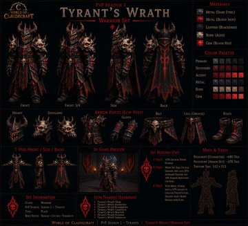 Concept art from World of Warcraft's 'Tyrant's Wrath' Warmog set, showcasing PvP season armor designs with deep red and black themes, available in Warlock, Death Knight, Demon Hunter, and Priest specializations.
