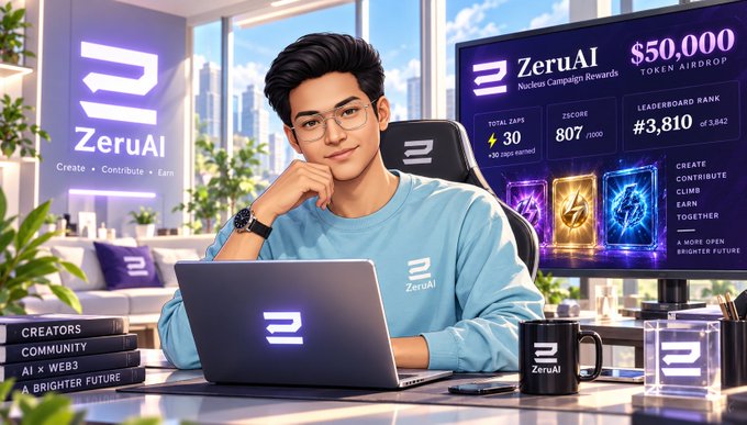 A promotional image for 'ZeruAI Nucleus Campaign Rewards' showing a young man with glasses at a laptop, with a screen showing a '$50,000 TOKEN AIRDROP', 'TOTAL $APS 30', 'ZSCORE 807/1000', and 'LEADERBOARD RANK #3,810 of 3,842'.