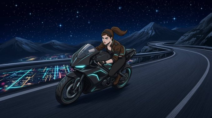 A confident female rider on a sleek, futuristic motorcycle cruises along a winding mountain road beneath a starlit sky, with neon city lights glowing below—evoking the thrill and risk of chasing momentum. The image's high-speed, daring ride mirrors the post's bold challenge to buy the top of $INJ, framing the trade as a leap of faith where only the brave reap the rewards.