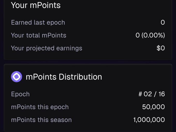 A dashboard screenshot showing "Your mPoints" with 0 earned last epoch, 0 total mPoints (0.00%), and $0 projected earnings, alongside an "mPoints Distribution" panel displaying Epoch #02/16 with 50,000 mPoints this epoch and 1,000,000 mPoints this season. The image illustrates the empty initial state of a user's point balance, visually emphasizing the post's request to @perpltrade about when Epoch #1 points distribution will occur.