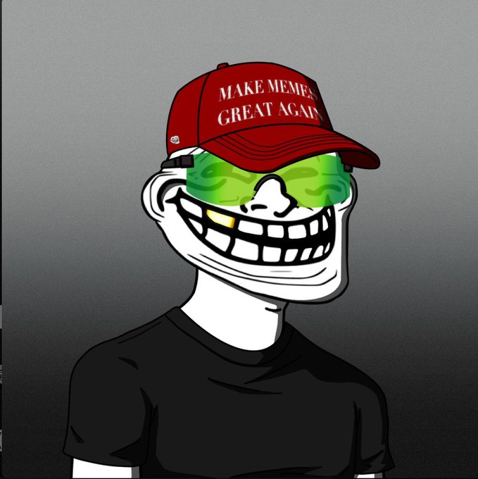 A troll face meme character wearing green sunglasses and a red 'MAKE MEMES GREAT AGAIN' cap over a black t-shirt.