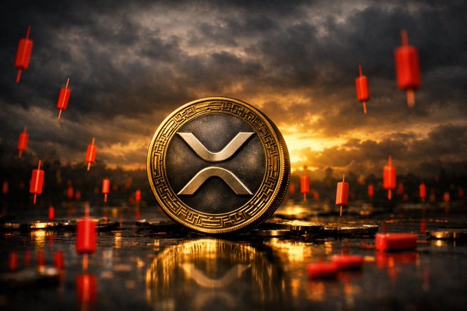 The image features an XRP coin with a gold design against a dark sky background. The coin has a unique design, which makes it stand out from other coins. The text "XRP" is clearly visible on the coin, indicating its purpose as a cryptocurrency. The coin's position in front of red candles adds to its visual appeal and uniqueness.