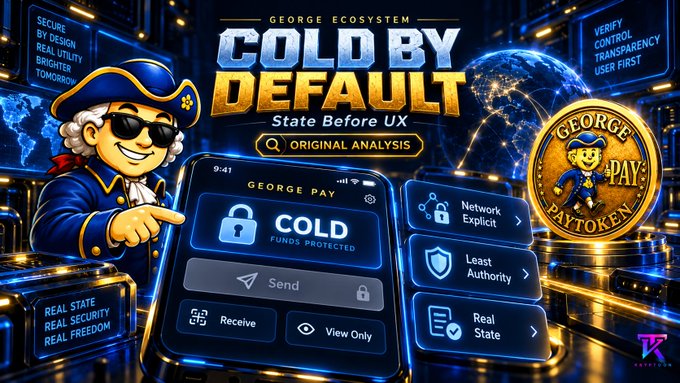 A promotional graphic for 'GEORGE ECOSYSTEM' titled 'COLD BY DEFAULT - State Before UX' featuring a cartoon colonial character, a smartphone showing 'GEORGE PAY' with 'COLD FUNDS PROTECTED' status, and a 'GEORGE PAY TOKEN' gold coin.