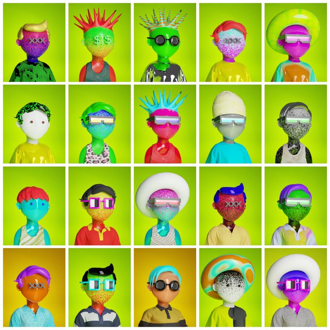 A grid of 20 colorful, stylized 3D character portraits on a lime green background, each featuring unique hairstyles, accessories like sunglasses, and varying facial textures.