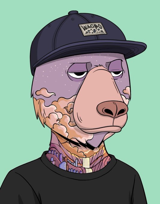 A cartoon-style digital illustration of an anthropomorphic bear character with purple fur wearing a black snapback cap labeled 'WAGBO' and a black t-shirt, set against a light green background.