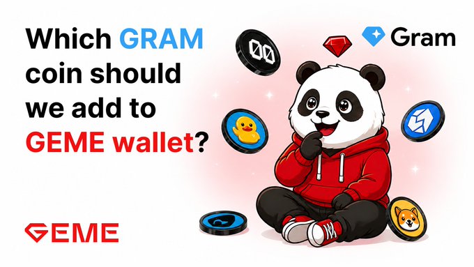 A promotional graphic featuring a cartoon panda in a red hoodie with the text 'Which GRAM coin should we add to GEME wallet?' alongside the GEME and Gram logos.