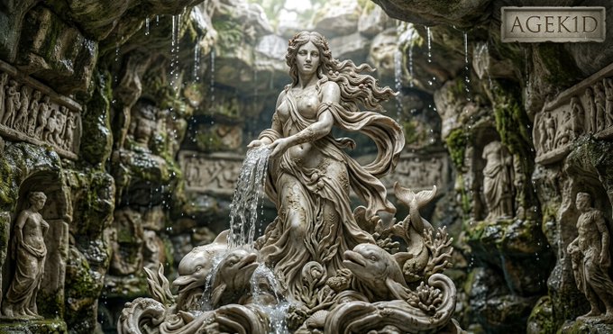 An ornate fantasy statue of a woman pouring water from a vessel, surrounded by dolphins, set in a mossy cave with carved reliefs, watermarked 'AGEKID' in the top right corner.