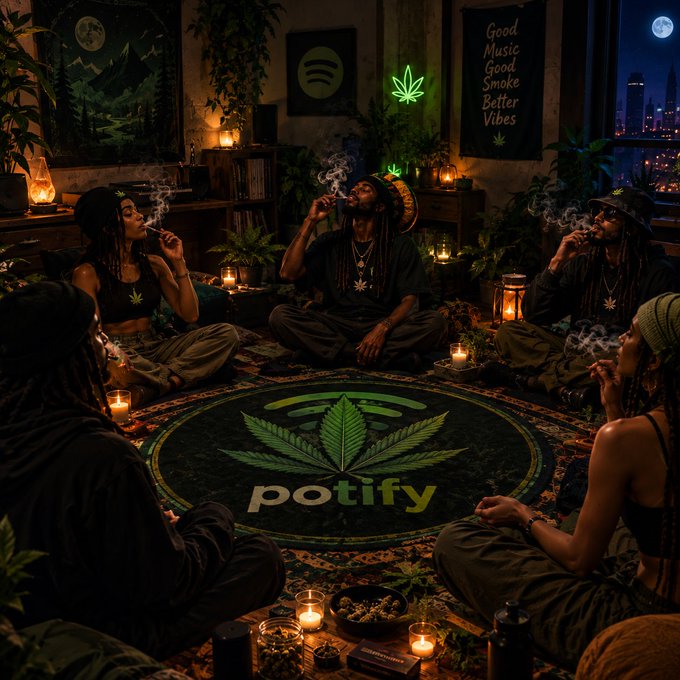 An AI-generated image depicting a group of people sitting in a circle on a 'potify' rug, smoking, with a 'Good Music Good Smoke Better Vibes' sign and neon cannabis leaf on the wall.