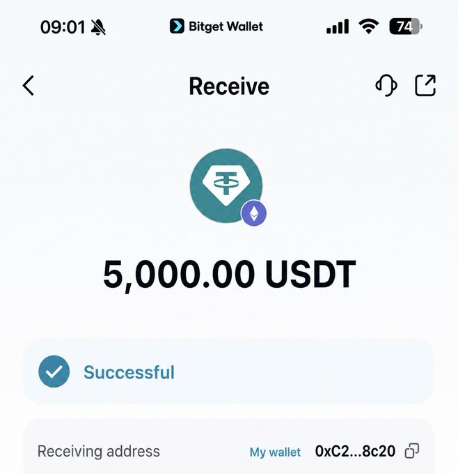 A Bitget Wallet screenshot showing a successful receipt of 5,000.00 USDT to a personal wallet address beginning with 0xC2...8c20.