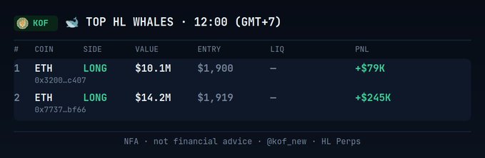 Telegram-style post titled 'TOP HL WHALES · 12:00 (GMT+7)' showing two large ETH LONG positions valued at $10.1M (+$79K PNL) and $14.2M (+$245K PNL).