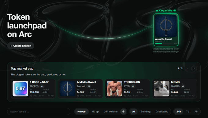 A screenshot of a 'Token launchpad on Arc' website displays a 'Top market cap' section featuring tokens like USDC, Andúril's Sword, TRENBOLON, and MOMO.