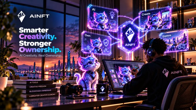 A promotional graphic for AINFT reading 'Smarter Creativity. Stronger Ownership.' featuring stylized neon 3D cats labeled AI, Own, Create, and Explore.