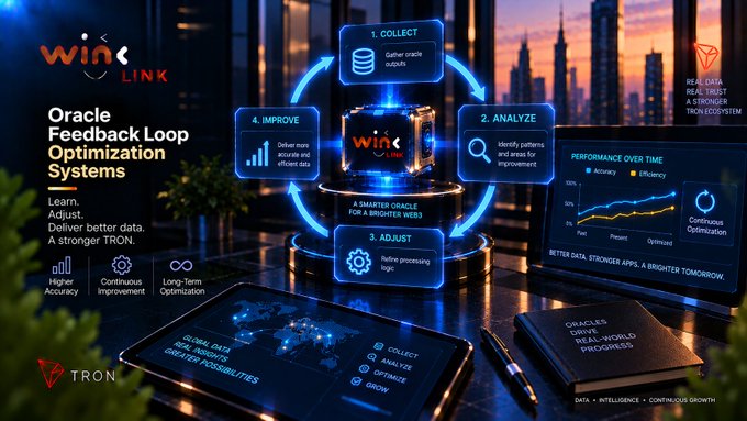 An infographic for 'Oracle Feedback Loop Optimization Systems' on the WinLink platform, highlighting four stages (Collect, Analyze, Adjust, Improve) with Tron branding and themes of higher accuracy and continuous improvement.