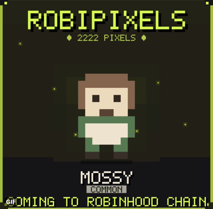 Pixel art graphic featuring a character named 'MOSSY' (COMMON) with 'ROBIPIXELS', '2222 PIXELS', and 'COMING TO ROBINHOOD CHAIN' text.