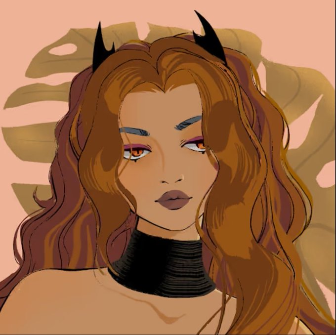 A digital illustration of a woman with long wavy brown hair, small black devil horns, purple eyeshadow, and a black choker against a pink and green tropical background.