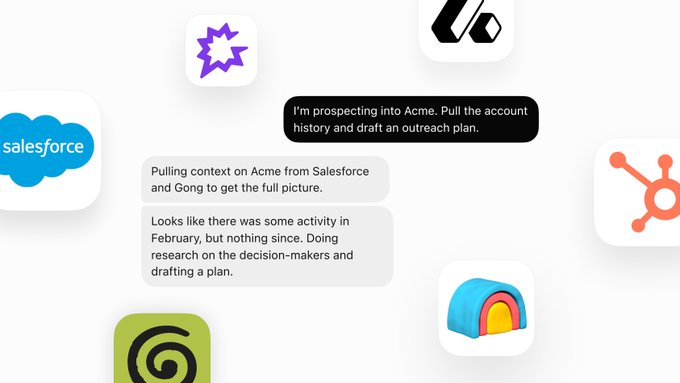 The image showcases various software logos including Salesforce, Gong, and HubSpot alongside a chat interface where a user instructs an AI bot to research "Acme" account history and draft an outreach plan, with the bot responding it's pulling context from Salesforce and Gong. The visual reinforces the post's claim that Grok Bot has integrated directly into the enterprise sales stack, illustrating how the AI agent connects to platforms like Salesforce, HubSpot, and Gong to perform real sales workflows rather than just adding superficial integrations.