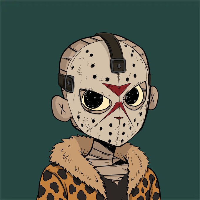 A cartoon chibi-style character wearing a hockey mask resembling Jason Voorhees, dressed in a leopard-print jacket with fur trim.