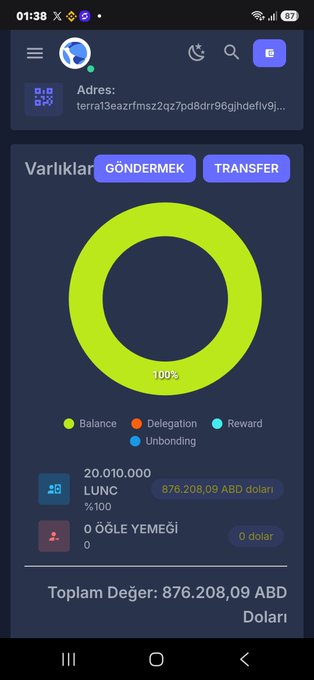 Mobile cryptocurrency wallet screenshot showing an address beginning with "terra13eezrfmsz2qz7pd8drr96gjihdeflv9j..." with assets displayed showing 20,010,000 LUNC tokens valued at $876,208.09 USD, with buttons for "GÖNDERMEK" and "TRANSFER".