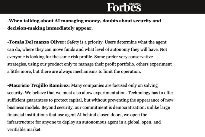 Forbes Argentina article featuring Clawpump Tech with quotes from Tomás Del manzo Oliver and Mauricio Trujillo Ramirez discussing AI security in money management and their vision for democratizing agentic finance on Solana's open rails.