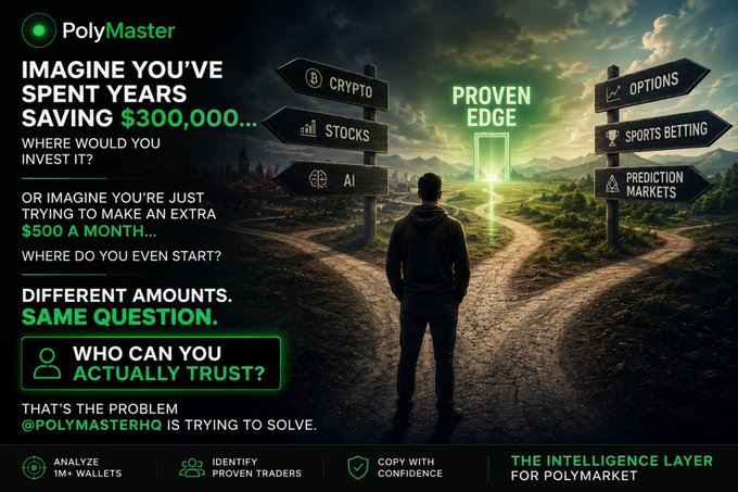 An advertisement for 'PolyMaster' showing a person facing a glowing green door labeled 'PROVEN EDGE' between paths for Crypto, Stocks, AI, Options, Sports Betting, and Prediction Markets, asking 'WHO CAN YOU ACTUALLY TRUST?'.