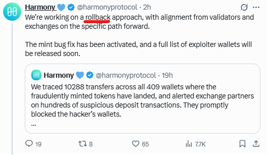A Twitter/X post from Harmony (@harmonyprotocol) discussing a rollback approach to address a mint bug, mentioning 10288 traced transfers across 409 wallets of fraudulently minted tokens and blocked hacker wallets.