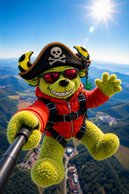 A whimsical digital illustration of a green fuzzy teddy bear wearing a pirate hat and sunglasses, taking a selfie with a selfie stick while skydiving over a mountainous landscape.