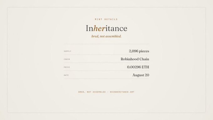A mint details page for an NFT called 'Inheritance' by 'bred, not assembled', with a supply of 2,096 pieces, on Robinhood Chain, priced at 0.00296 ETH, with a date of August 20.