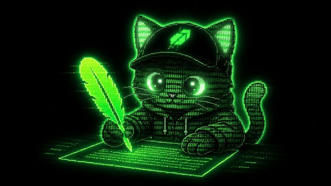 A green digital-style cat mascot wearing a cap with a feather logo holds a glowing quill, suggesting an "AI scribe" theme for a giveaway—promoting "3 GTD Spots for @HoodAI0x" via a Google Form at forms.gle/G8Chzs62gtneet.