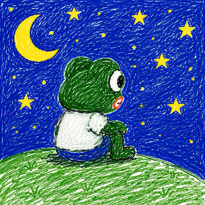 A crayon-style illustration of a green frog character wearing a white shirt and blue pants, sitting on grass under a starry night sky with a crescent moon.