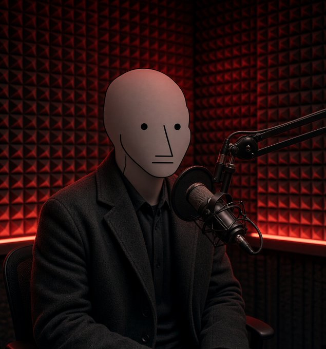 A figure wearing a blank, mask-like face with simple facial features sits in a recording booth with red acoustic foam walls, positioned behind a studio microphone.
