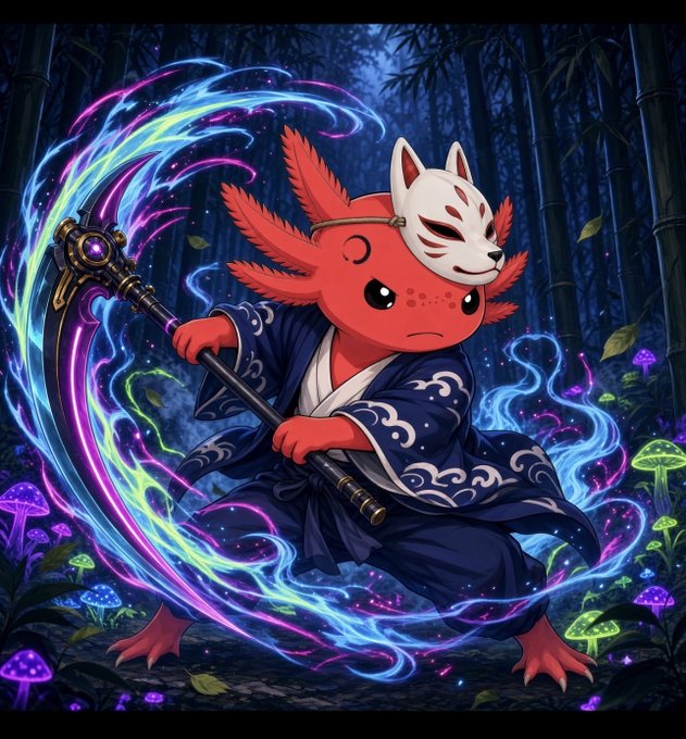 A digital illustration of a red axolotl samurai wearing a white kitsune mask and dark blue robes, wielding a glowing scythe surrounded by swirling blue and pink magical energy in a bamboo forest.