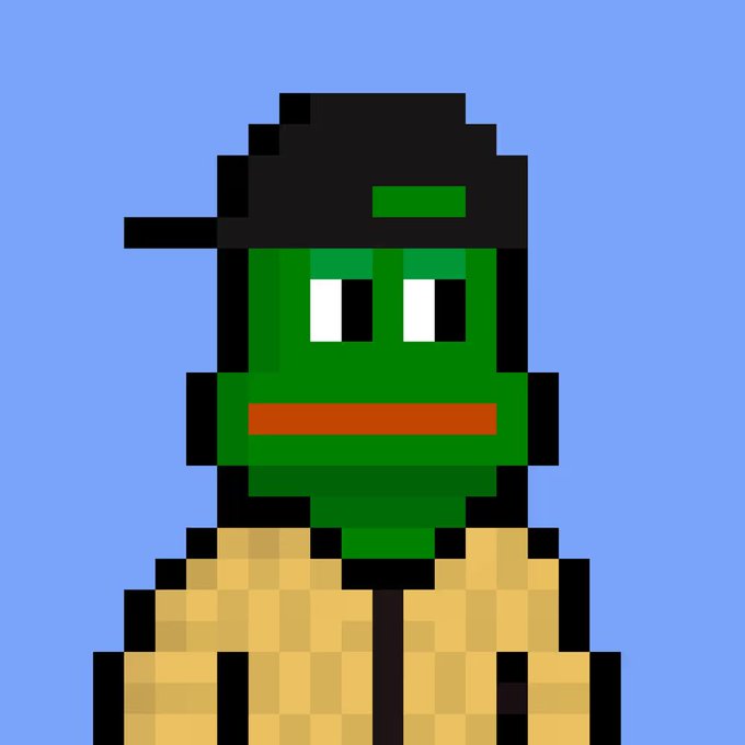 A low-resolution pixel art portrait of a green-skinned character wearing a black cap and tan shirt against a blue background.