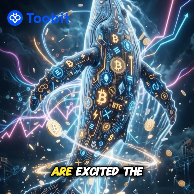 A promotional graphic for "Toobit" featuring a futuristic, circuit-board-patterned whale surrounded by Bitcoin logos and neon energy trails, with the text "ARE EXCITED THE" at the bottom.