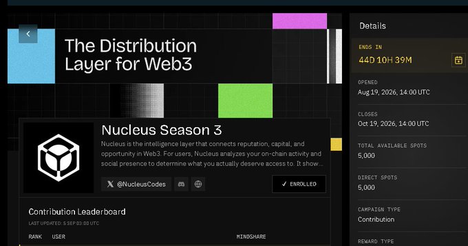 A screenshot of the Nucleus Season 3 campaign page titled "The Distribution Layer for Web3," showing details including 44D 10H 39M remaining, 5,000 available spots, and opened on Aug 19, 2026.
