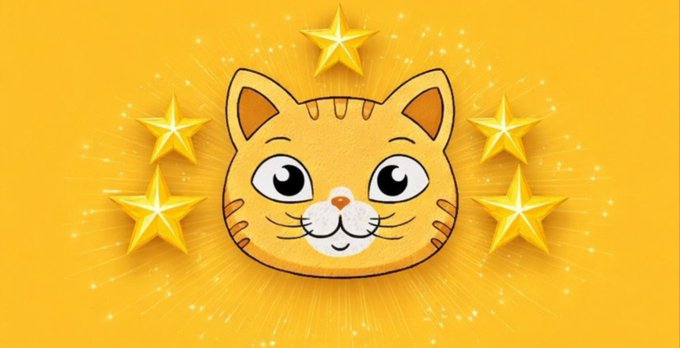A cartoon orange cat face surrounded by golden stars on a bright yellow background with a sparkling effect. The image serves as an eye-catching, feline-themed promotional graphic for the $MONA token airdrop, using the cute mascot to attract participants to the giveaway.