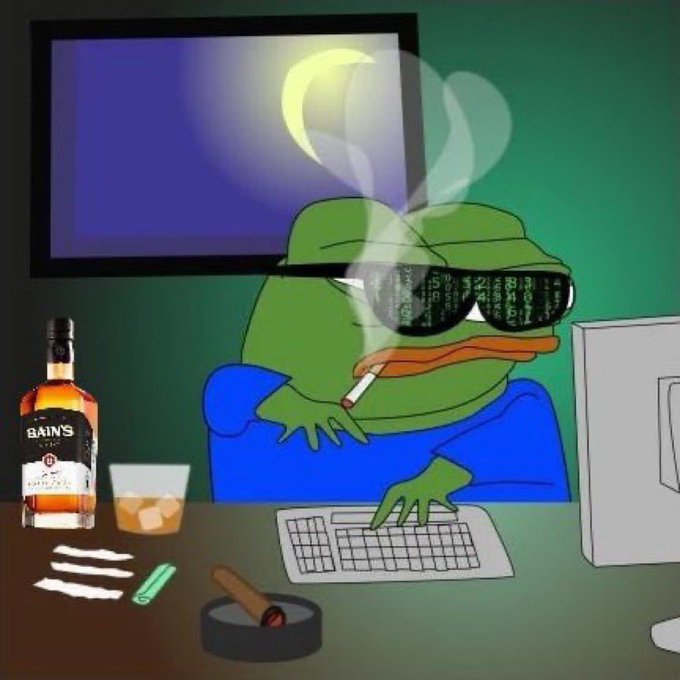 A meme illustration of the Pepe the Frog character wearing Matrix-style sunglasses displaying scrolling code, sitting at a computer with a cigarette, drinking Bain's whisky, in a dimly lit room.