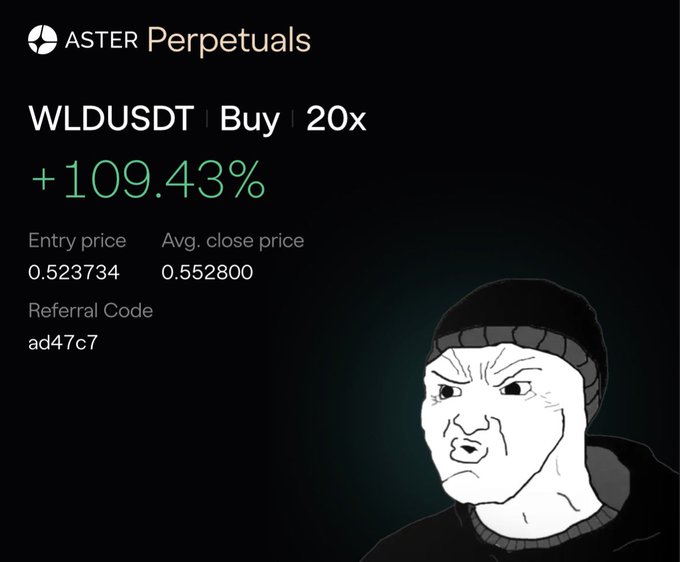 The image features a cartoon depiction of an angry face with a hat, possibly a black beanie or a knit cap, positioned above the text "WLDDUSDT Buy 20X + 109.43%". The caption below the image reads "entry price", which is likely referring to the starting point for buying and selling in this particular cryptocurrency exchange.